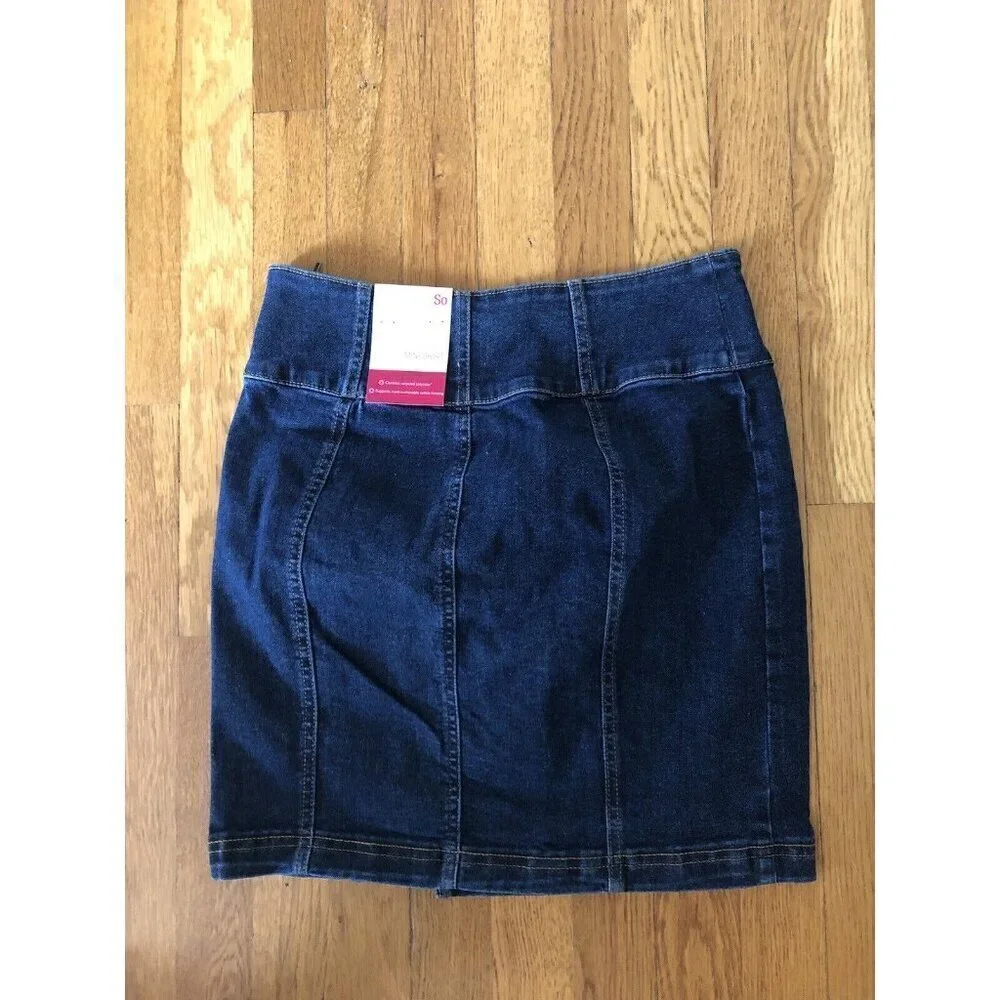 NWT SO Juniors Size 7 Denim High Rise Mini Skirt Front Slit Stretch